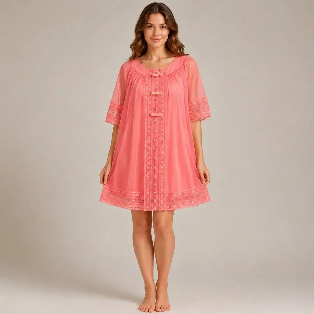 Vintage 1960s Pink Lace Nylon Floral Peignoir Robe Nightgown Set M -
